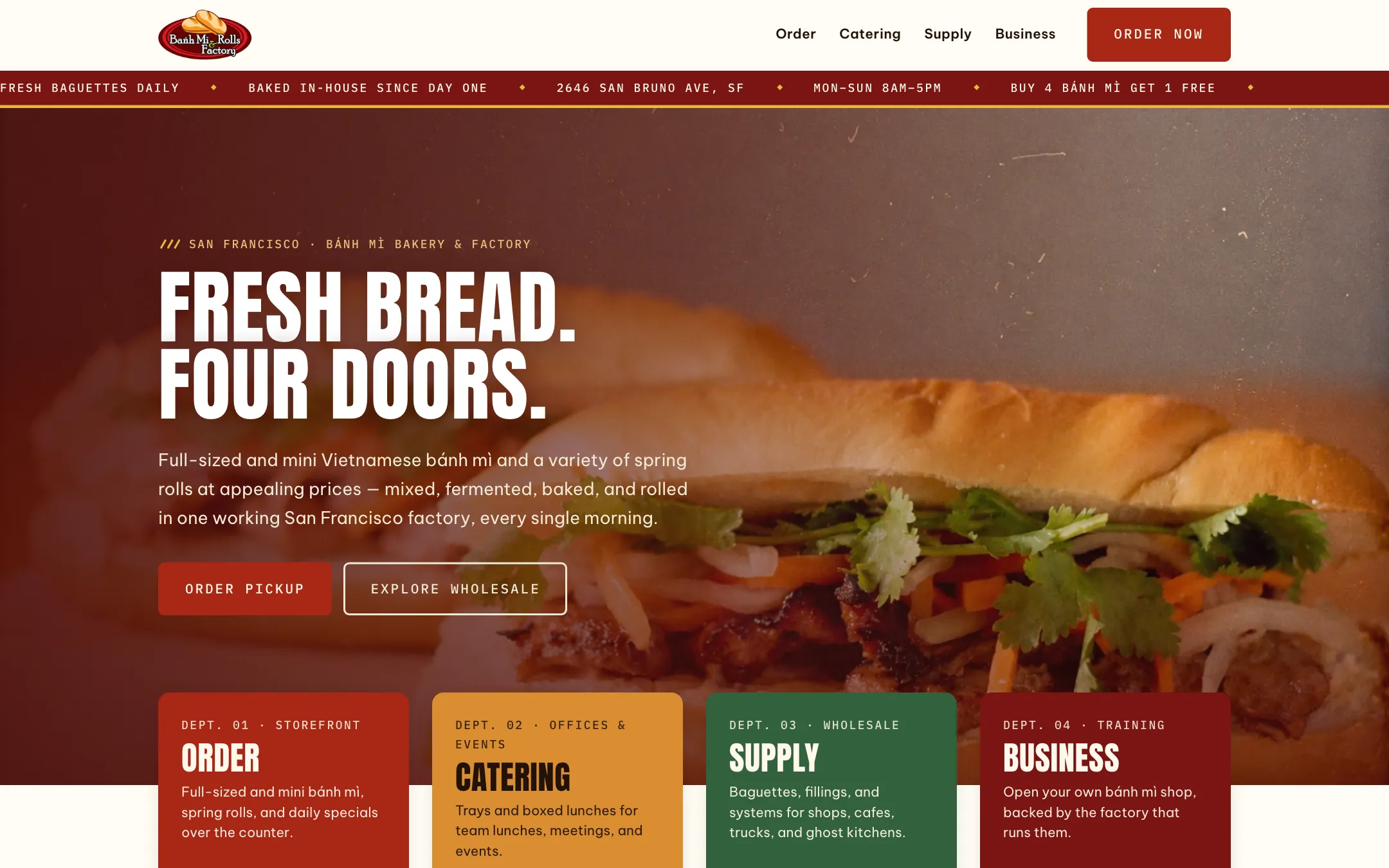 Banh Mi & Rolls Factory — desktop screenshot of the live site